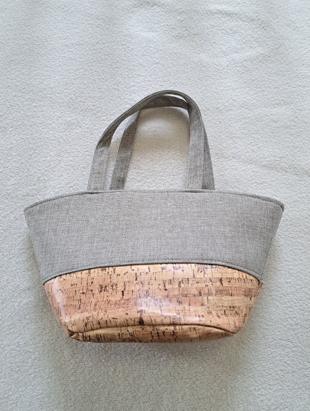 Neutral Open Top Utility Tote Faux Cork And Woven Fabric Grey Brown Lunch Bag